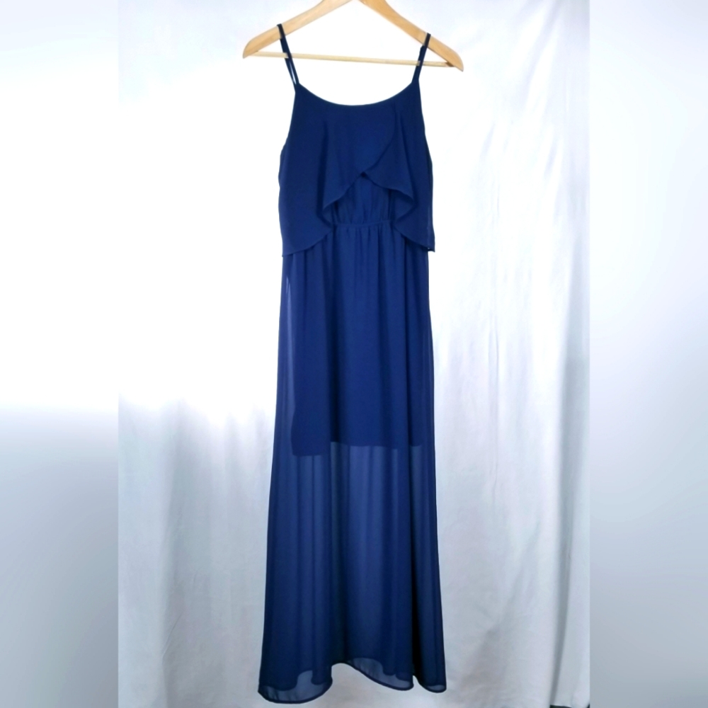 Xhilaration Navy Blue Sheer Adjustable Spaghetti Strap Maxi Dress with Midi Slip